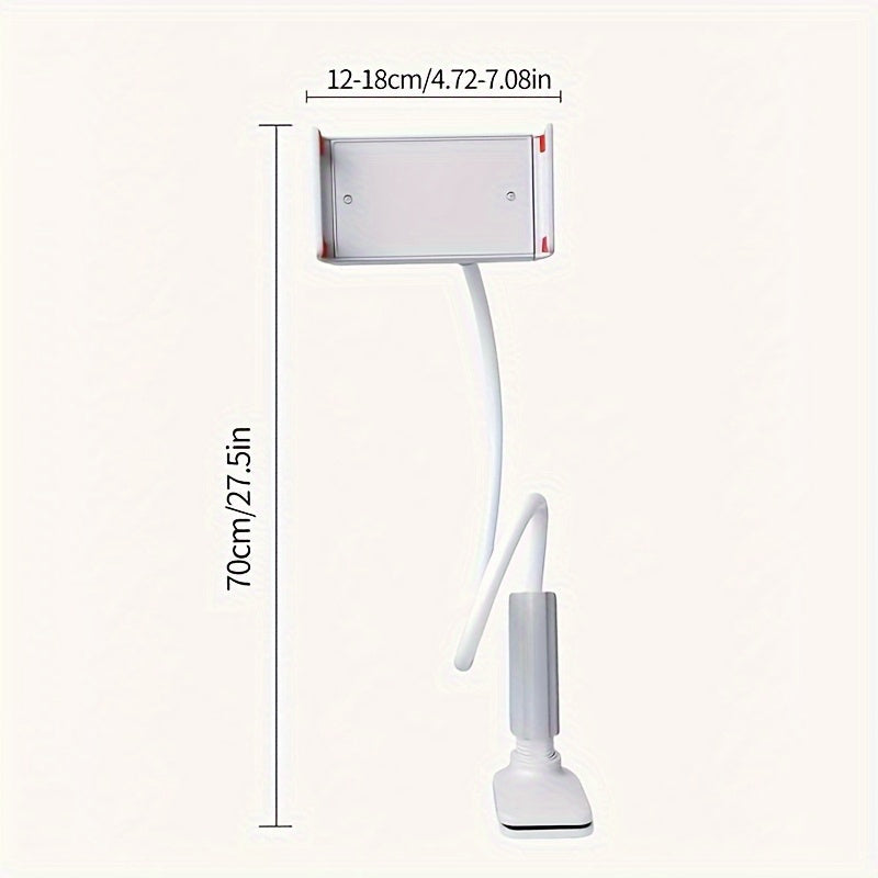 White ABS tablet and phone stand with a 70cm flexible gooseneck arm, clamp base, and red-accented device holder.