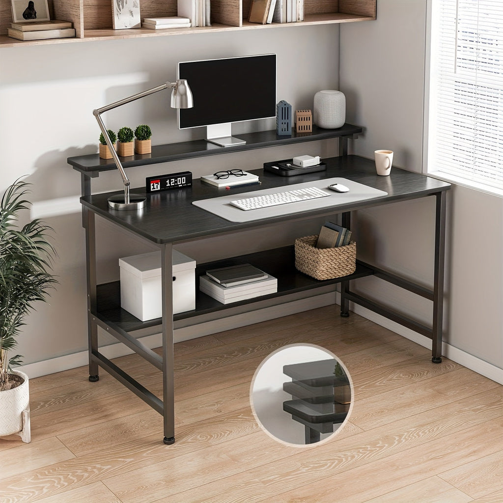 LAFULAIFU Gaming Desk with Double Layer Metal Frame Office Table Carbon Fiber Surface 3 Heights Adjustable Monitor Rack Study Desk Ergonomic Table with Storage Tier 110*45*75cm