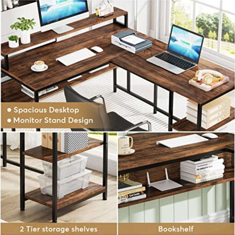 Y150CM Reversible L Shaped Desk, a Computer Table Featuring a Bookshelf And Monitor Shelf, Designed As an Industrial Desk in The Corner with Space for a Printer, Perfect for Home Office Use And Easy to Put Together