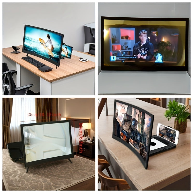 Black 12-inch curved HD phone screen magnifier with foldable stand, projecting movies and games from a smartphone.