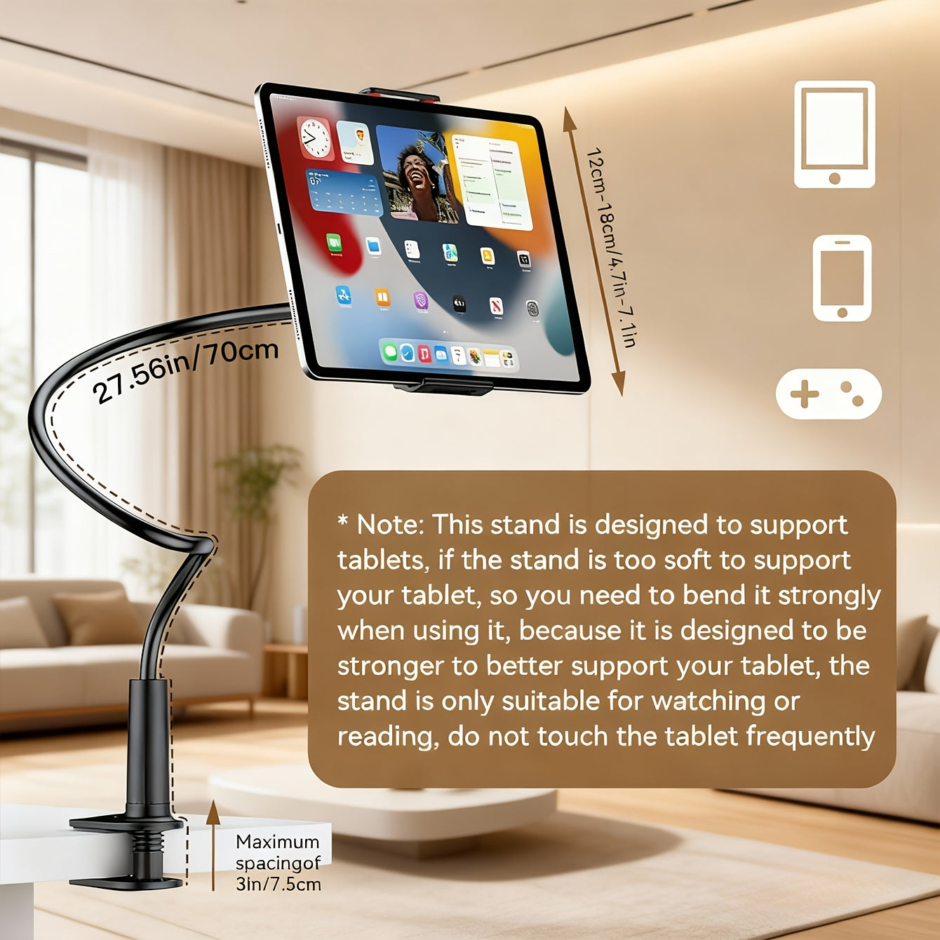 Black flexible hose tablet stand with a clamp base, holding a tablet. Features a 70cm adjustable arm and 7.5cm clamp opening.