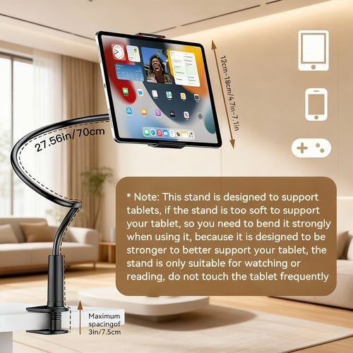Black flexible hose tablet stand with a clamp base, holding a tablet. Features a 70cm adjustable arm and 7.5cm clamp opening.