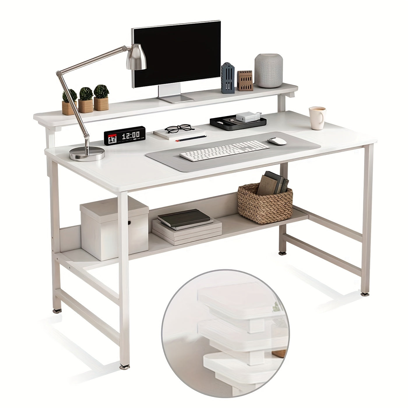 LAFULAIFU Gaming Desk with Double Layer Metal Frame Office Table Carbon Fiber Surface 3 Heights Adjustable Monitor Rack Study Desk Ergonomic Table with Storage Tier 110*45*75cm
