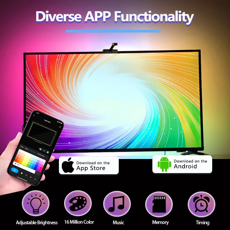 Faixa de luz de fundo de TV LED RGBIC com câmera Controle de aplicativo Sincronização de música Luzes inteligentes para sala de jogos Iluminação ambiente de 55-75 polegadas