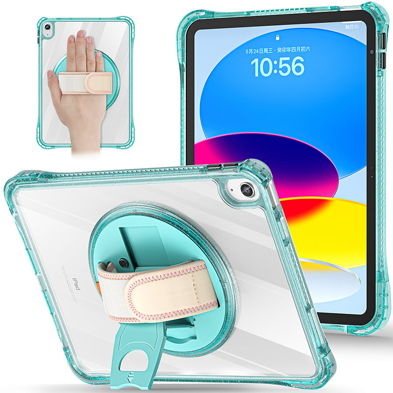 Clear shockproof iPad case with aqua glitter frame, rotating stand, and adjustable hand strap.