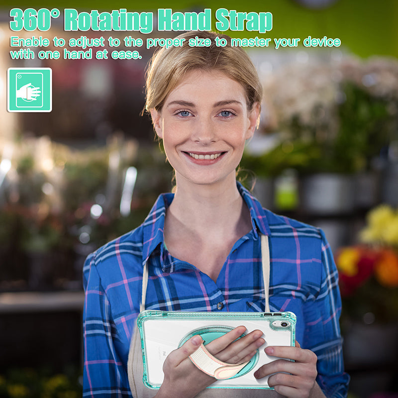 Smiling woman holds iPad in a clear shockproof case with light blue trim and a beige 360° rotating hand strap.