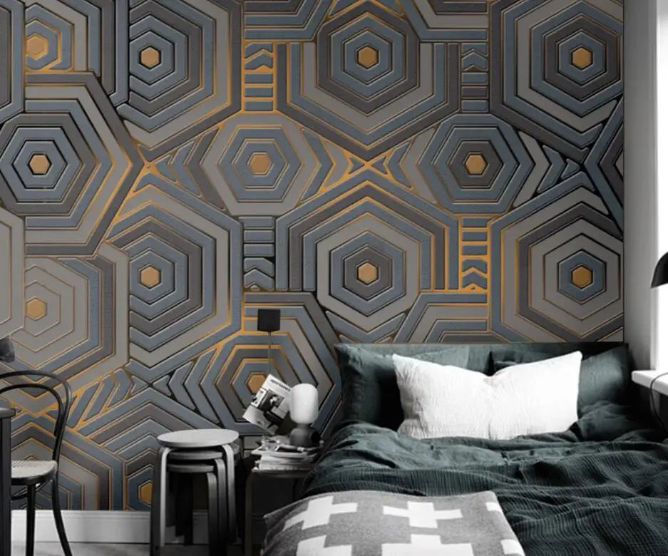 Personalizado geométrico hexágono papel de parede mural moderno e minimalista abstrato geométrico linhas douradas retro fundo 3d ktv