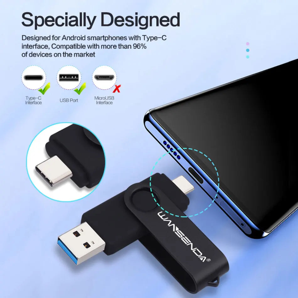 Novo wansenda usb 3.0 tipo c usb flash drive otg pen drive 512gb 256gb 128gb 64gb 32gb 16gb usb vara 2 em 1 pendrive de alta velocidade
