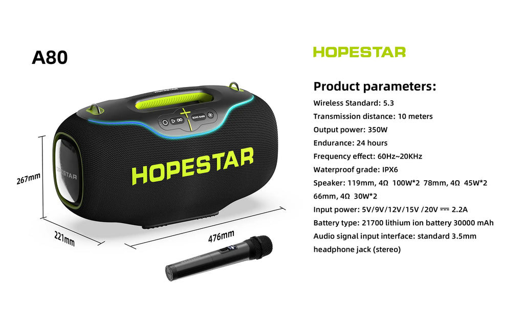 Hopestar alto-falante a80 alto gravador de áudio portátil de alta qualidade 350w rgb subwoofer home theater usb festa computador dc