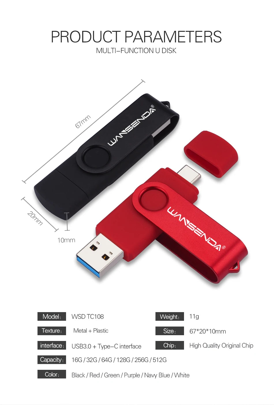 Novo wansenda usb 3.0 tipo c usb flash drive otg pen drive 512gb 256gb 128gb 64gb 32gb 16gb usb vara 2 em 1 pendrive de alta velocidade