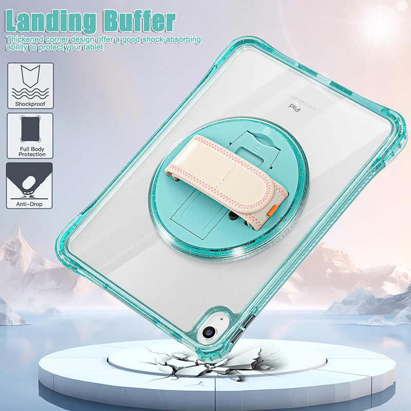 Clear rugged iPad case with teal shockproof silicone edges, rotating stand, and beige hand strap.