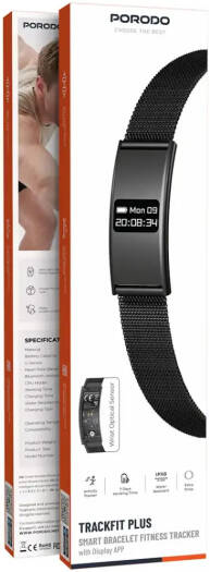 Porodo Trackfit Plus Smart Bracelet Fitness Tracker, Heart Rate, Blood Pressure & Blood Oxygen Monitoring, 120+ Multi-Sport Training, Display App, IPX8 Water Resistant, Black | PDB8BK