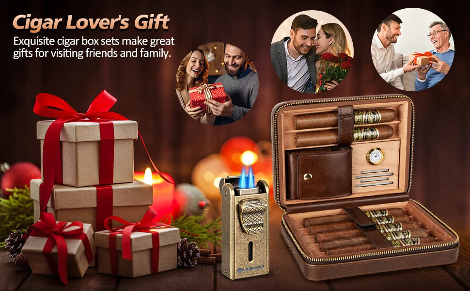 Humidor de charutos de couro com isqueiro, cortador de charutos reto embutido e perfurador de charutos, umidificador e bandeja de cedro
