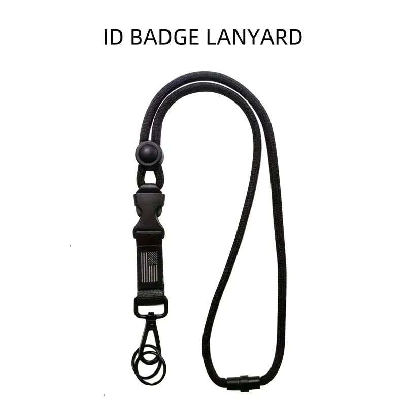 Black heavy-duty polyester tactical lanyard with safety breakaway, quick-release buckle, US flag detail, metal clip.