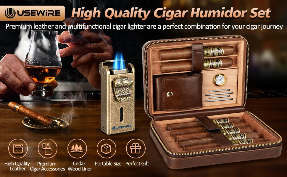 Humidor de charutos de couro com isqueiro, cortador de charutos reto embutido e perfurador de charutos, umidificador e bandeja de cedro