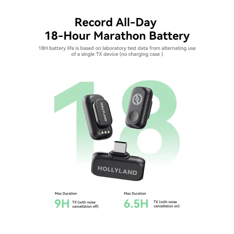 Black Hollyland LARK A1 wireless mic components: two compact transmitters and a USB-C receiver, illustrating 18-hour battery life.