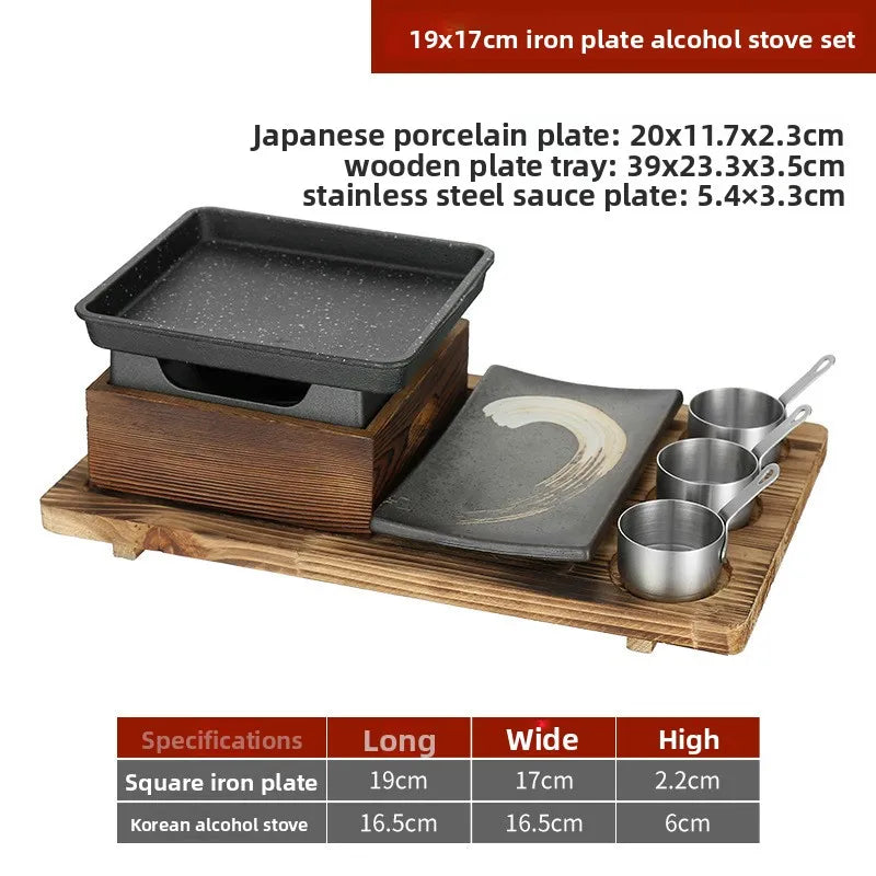 Sala de jantar talheres simples e duplos placa de churrasco de ferro fundido quadrado forno de álcool bandeja de cozimento estilo coreano conjunto de fogão de churrasco
