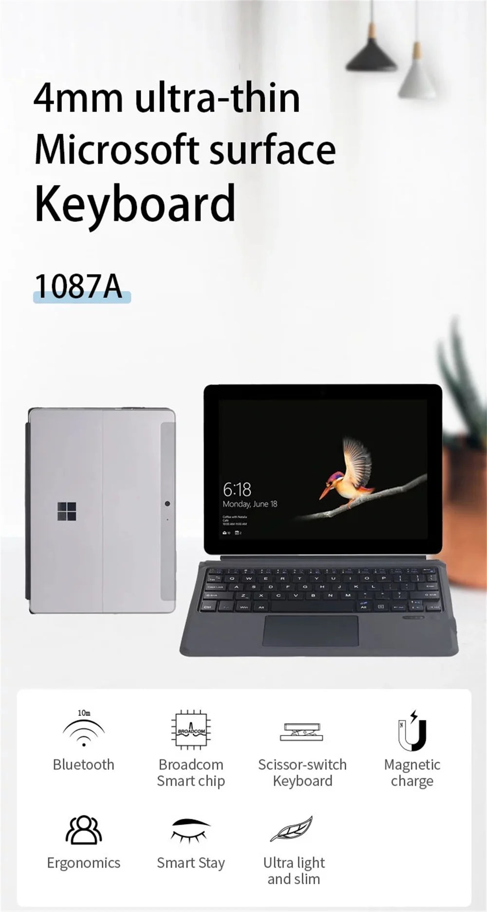 Teclado Bluetooth Retroiluminado para Microsoft Surface Pro 3 4 5 6 7 7+/Microsoft Surface Pro 8 9 10 11 X 13inch, Teclado Trackpad Teclado Sem Fio,Teclado português