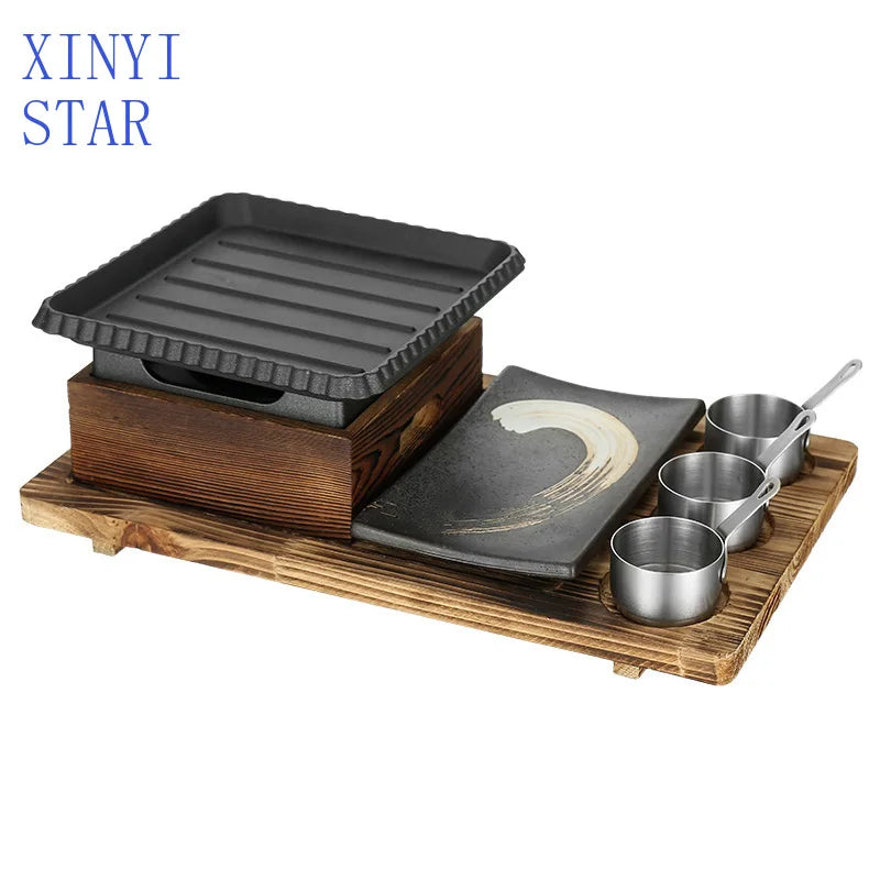 Sala de jantar talheres simples e duplos placa de churrasco de ferro fundido quadrado forno de álcool bandeja de cozimento estilo coreano conjunto de fogão de churrasco