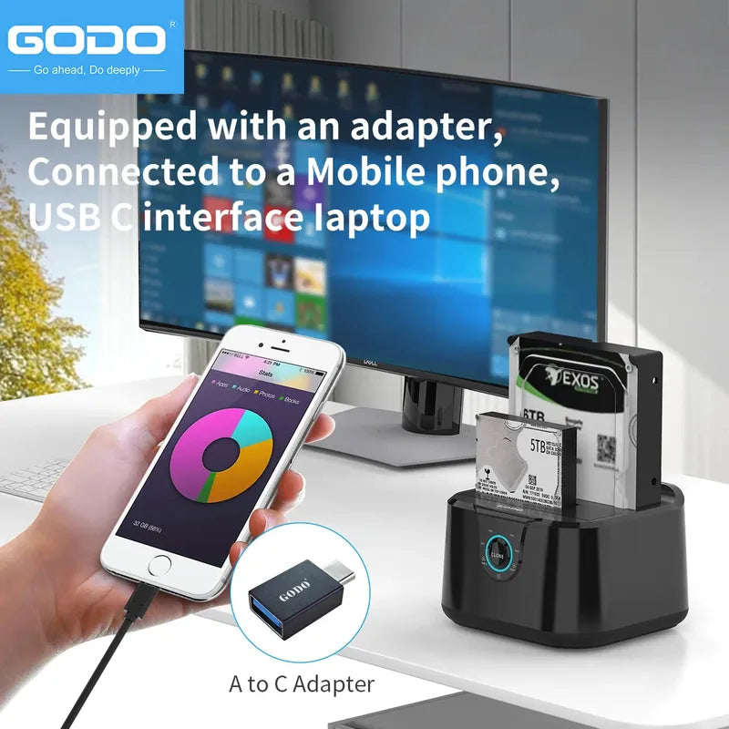 GODO Dual Bay USB 3.0 Hard Drive Docking Station for SATA 2.5 / 3.5 Inch HDDs/SSDs with LED Indicator - Hard Drive Dock