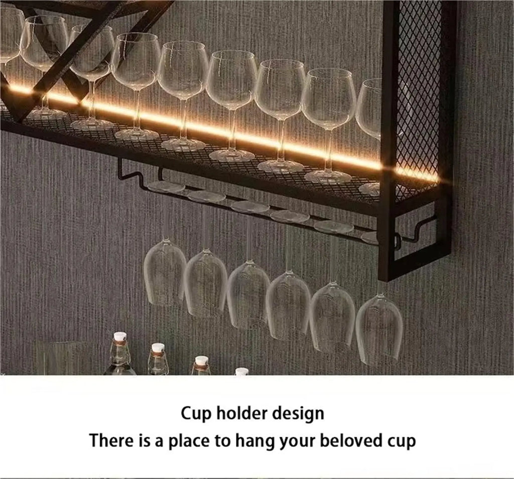 Prateleiras de parede de metal com rack de vinho, suporte de armazenamento de garrafas de licor para cozinha, sala de jantar ou decoração de bar doméstico