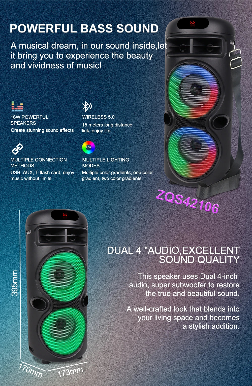 Zqs42106 portátil duplo alto-falante bluetooth de 4 polegadas carregamento sem fio de longo alcance bt/usb/tf/aux/microfone/fm/matrômokê colorido ao ar livre