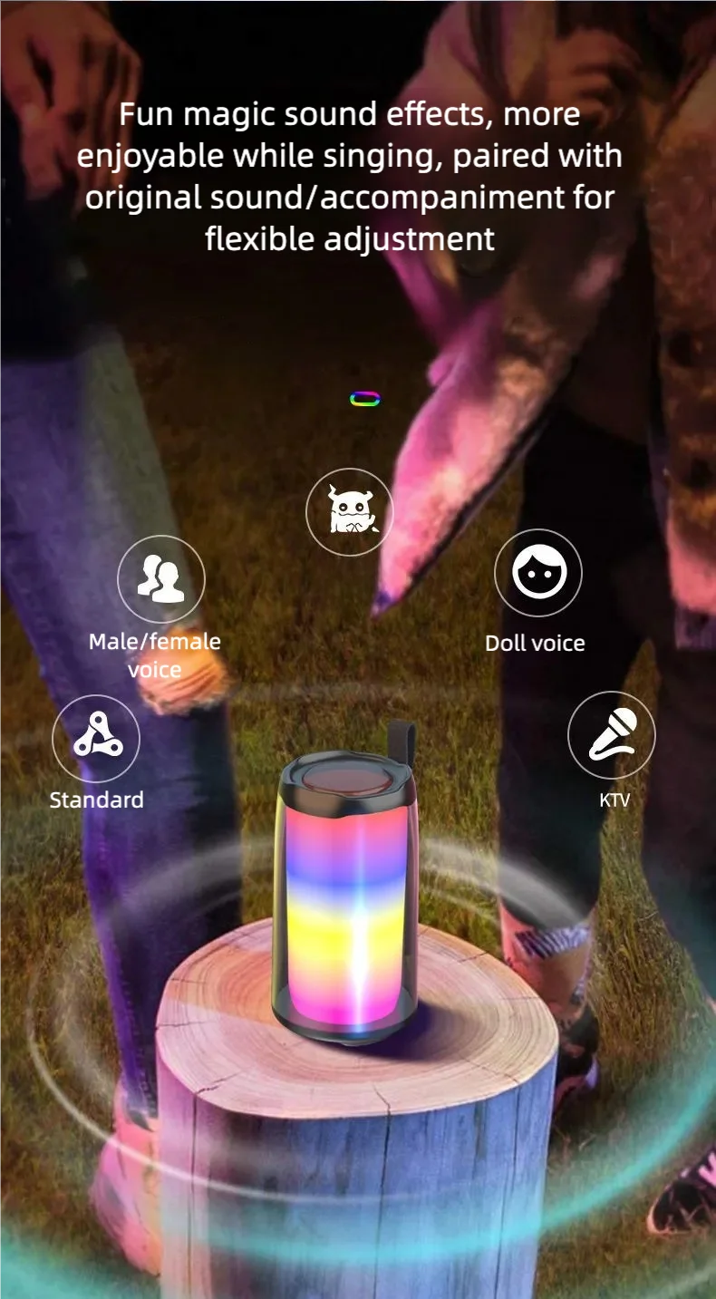 Máquina de karaokê portátil, alto-falante Bluetooth para festa com 2 microfones de karaokê, modos de luz RGB, 5 efeitos vocais, USB/AUX/TF