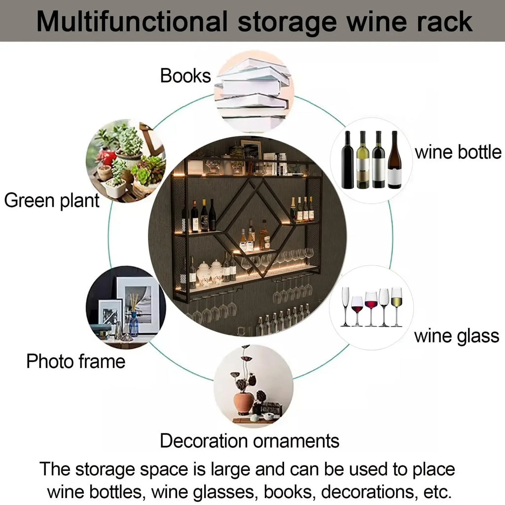 Prateleiras de parede de metal com rack de vinho, suporte de armazenamento de garrafas de licor para cozinha, sala de jantar ou decoração de bar doméstico