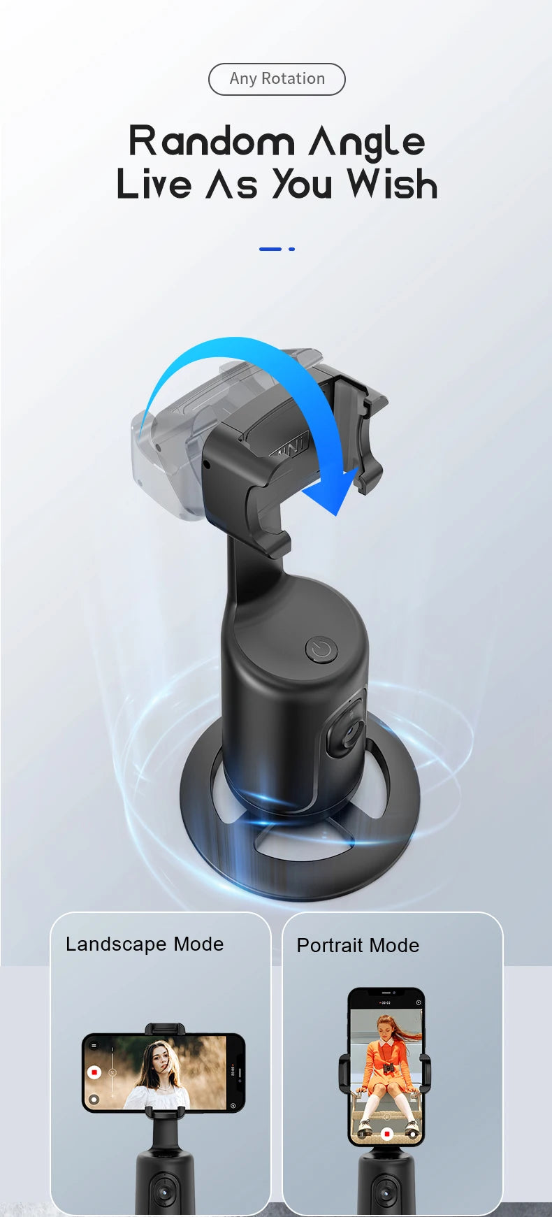 AI Smart Gimbal, 360 °, Auto Face Tracking, Rotação Tudo-em-um, Suporte do Telefone para Smartphone, Vídeo, Vlog, Estabilizador ao Vivo, Tripé