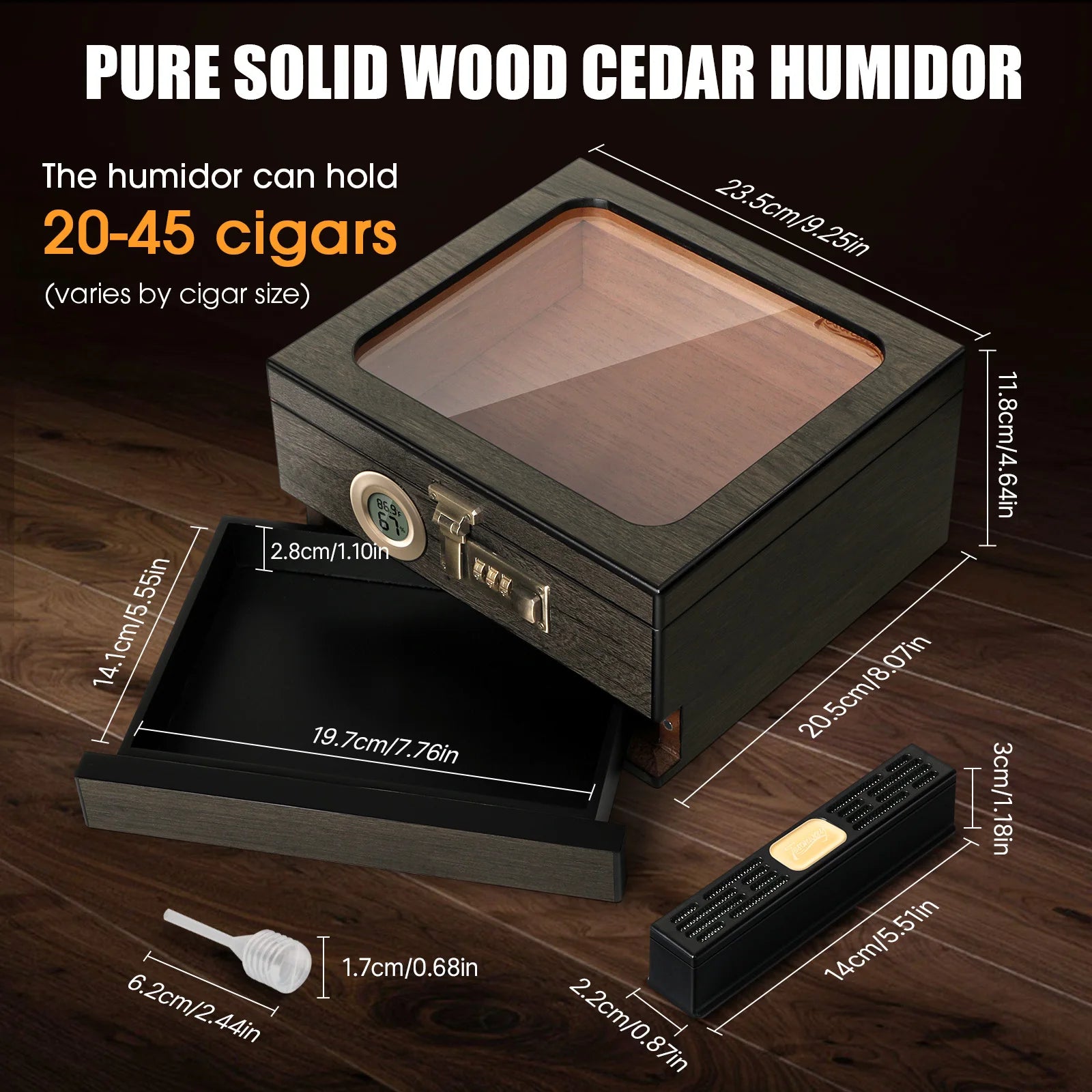 Humidor de charutos, caixa de mesa superior de vidro com termo-higrômetro digital, umidificador, divisor, gaveta de acessórios e fechadura de combinação