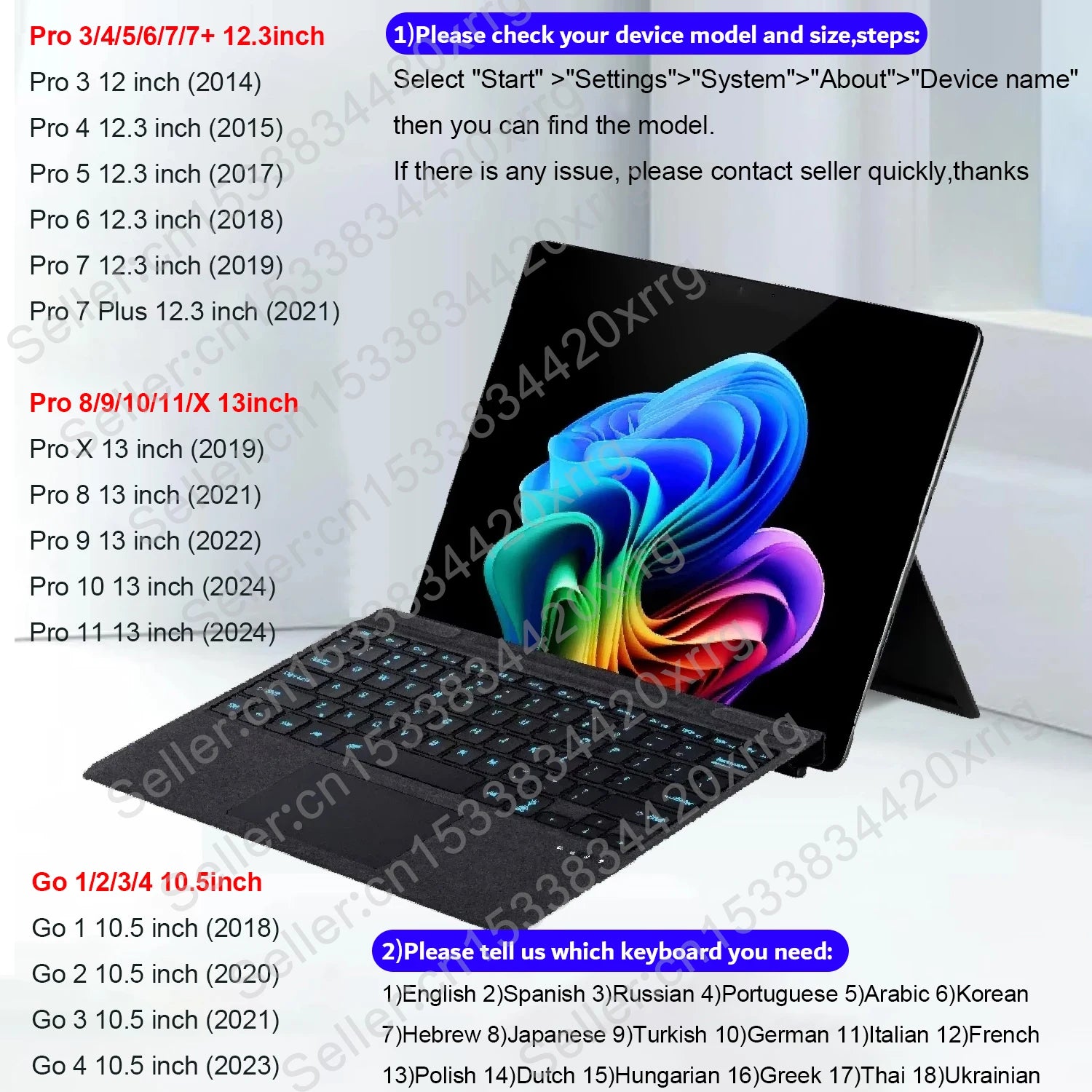 Teclado Bluetooth Retroiluminado para Microsoft Surface Pro 3 4 5 6 7 7+/Microsoft Surface Pro 8 9 10 11 X 13inch, Teclado Trackpad Teclado Sem Fio,Teclado português