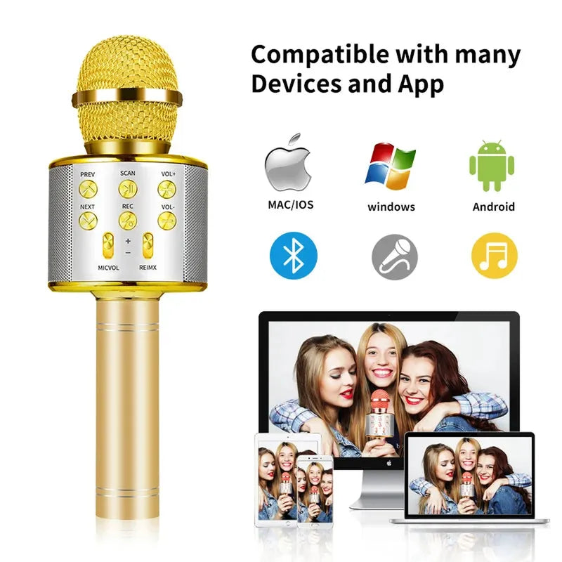 Gold wireless handheld karaoke microphone with a silver multi-function control panel and yellow buttons.