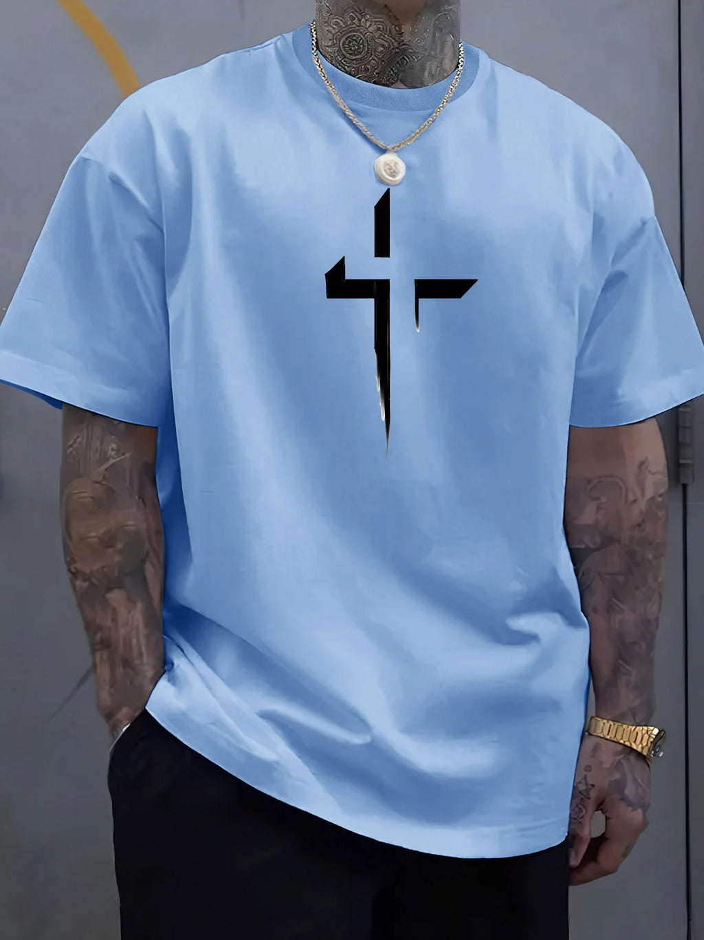 Verão masculino 100% algodão puro casual solto plus size cruz criativo impresso esportes confortável em torno do pescoço manga curta camiseta