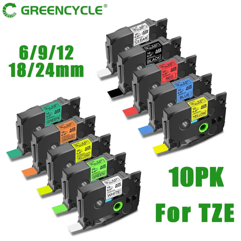 GREENCYCLE 10PCS TZe231 241 251 335 Ribbon Compatible for Brother Ptouch Maker Black on white Label tape 6mm 9mm 12mm 18mm 24mm