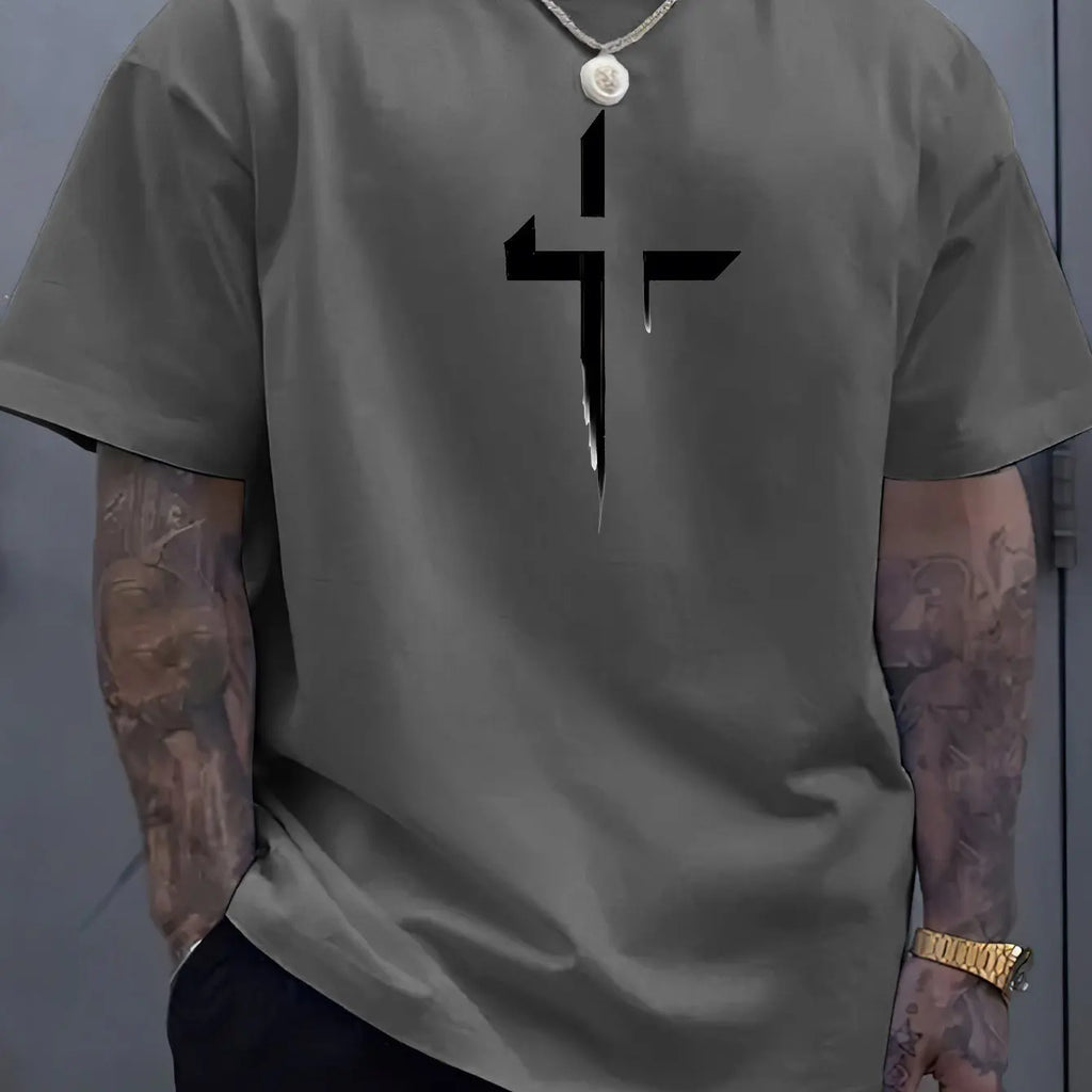 Verão masculino 100% algodão puro casual solto plus size cruz criativo impresso esportes confortável em torno do pescoço manga curta camiseta