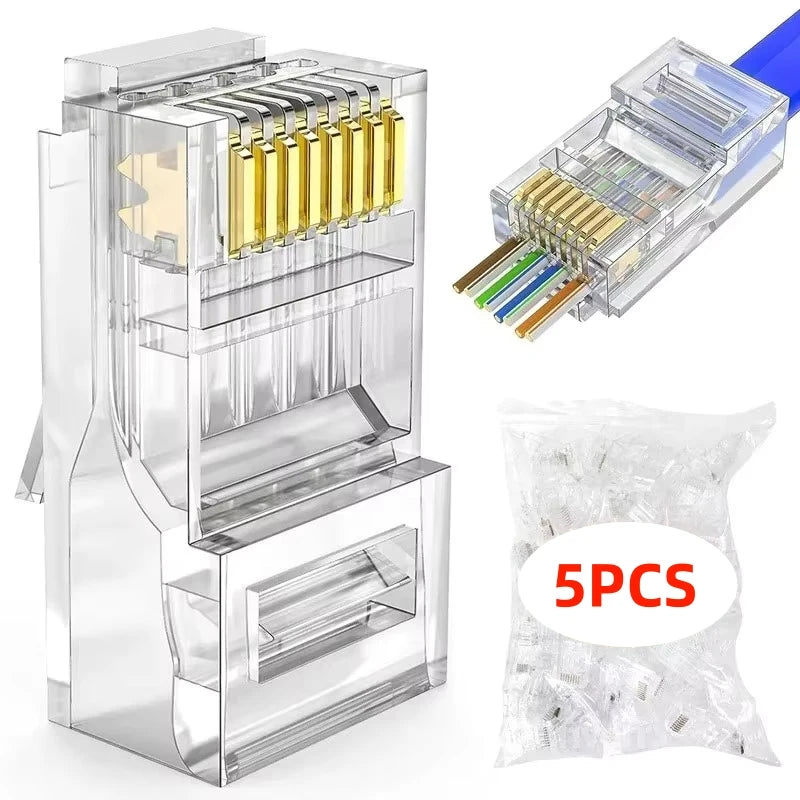 100 peças conector rj45 cat6 passagem através dos conectores cristal final banhado a ouro 8p8c crimpagem utp padrão rede ethernet plugue modular