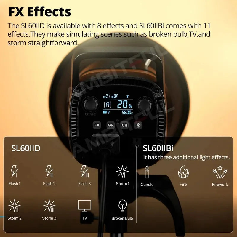 Godox SL60IIBi COB LED video light's black control panel with digital display showing 5600K, 20% power, and FX effects.