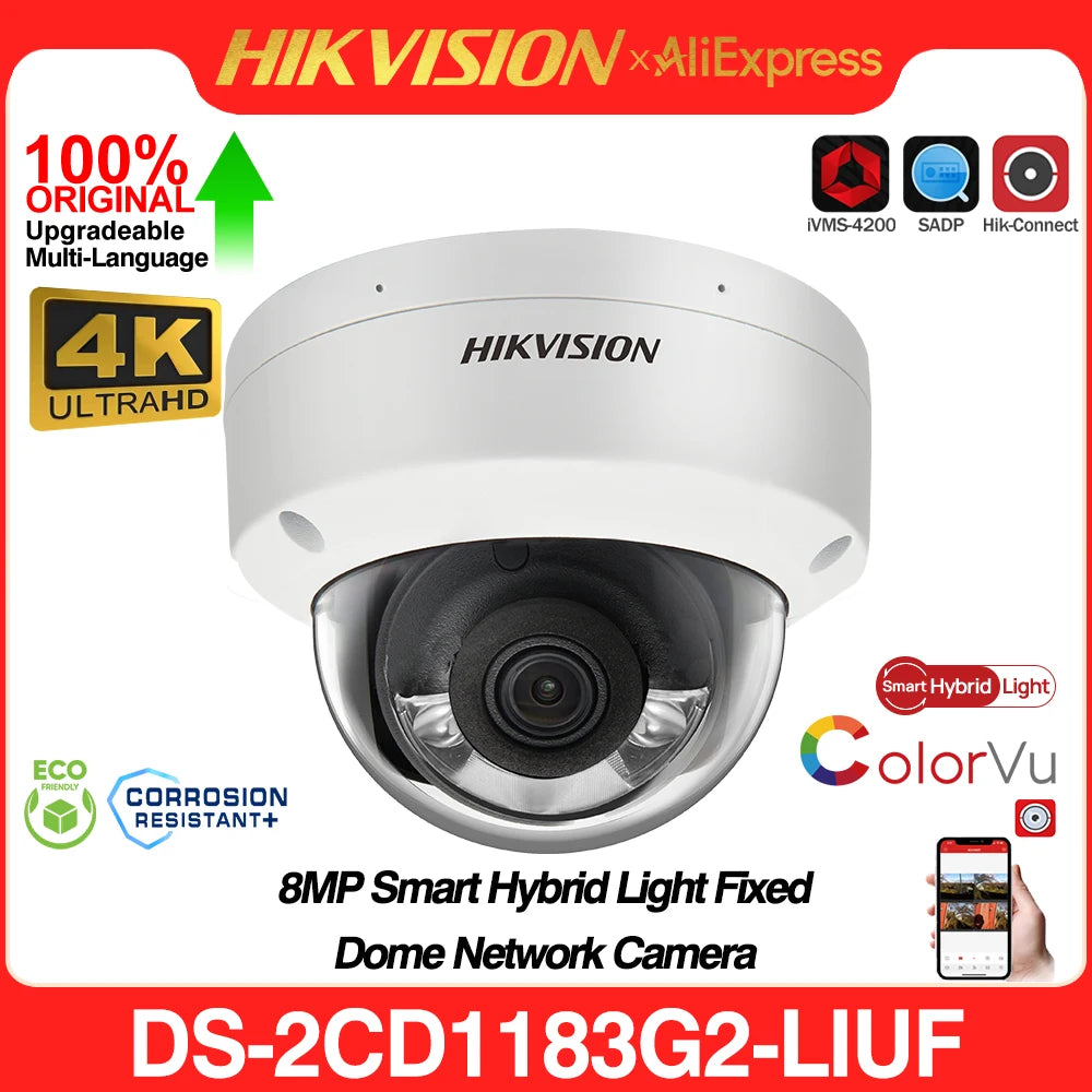 Original Hikvision DS-2CD1183G2-LIUF 4K 8MP ColorVu POE Luz Híbrida Inteligente Câmera de Rede Dome Fixo Microfone Embutido IK08