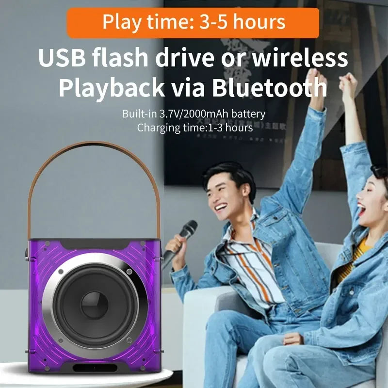 Alto-falante bluetooth de karaokê de alta potência, luz de ritmo musical 360, subwoofer estéreo surround sem fio com microfone duplo, suporte para telefone