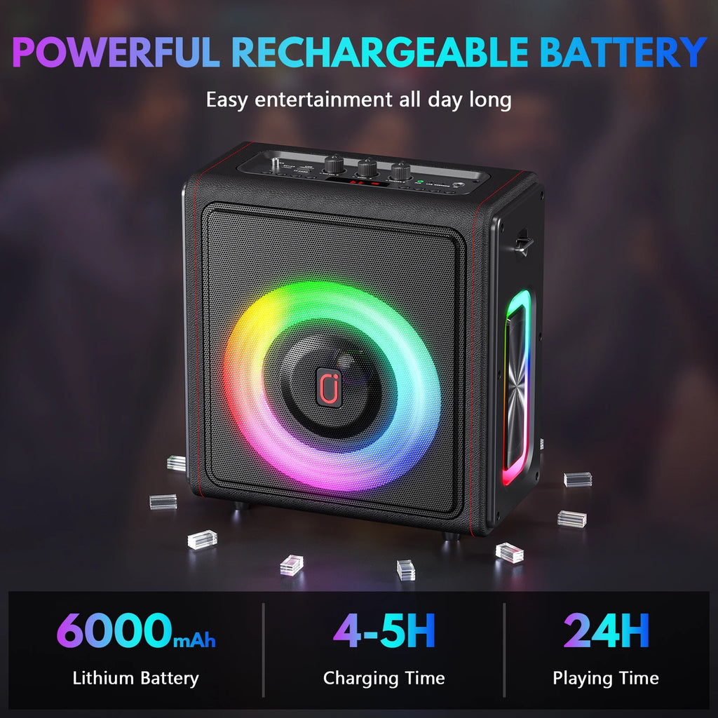 Máquina de karaokê portátil, alto-falante Bluetooth com microfones, sistema PA com 2 microfones de karaokê, luzes de discoteca para festas em casa