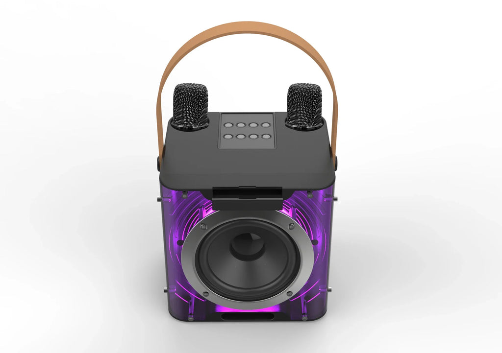 Alto-falante bluetooth de karaokê de alta potência, luz de ritmo musical 360, subwoofer estéreo surround sem fio com microfone duplo, suporte para telefone