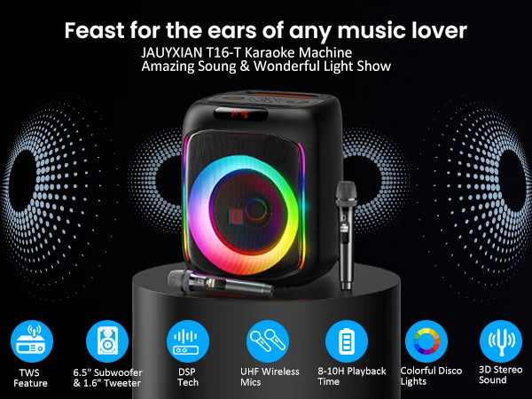 Máquina de karaokê FanFun com 2 microfones, alto-falante Bluetooth portátil com luz RGB, sistema de karaokê para festa em casa de karaokê