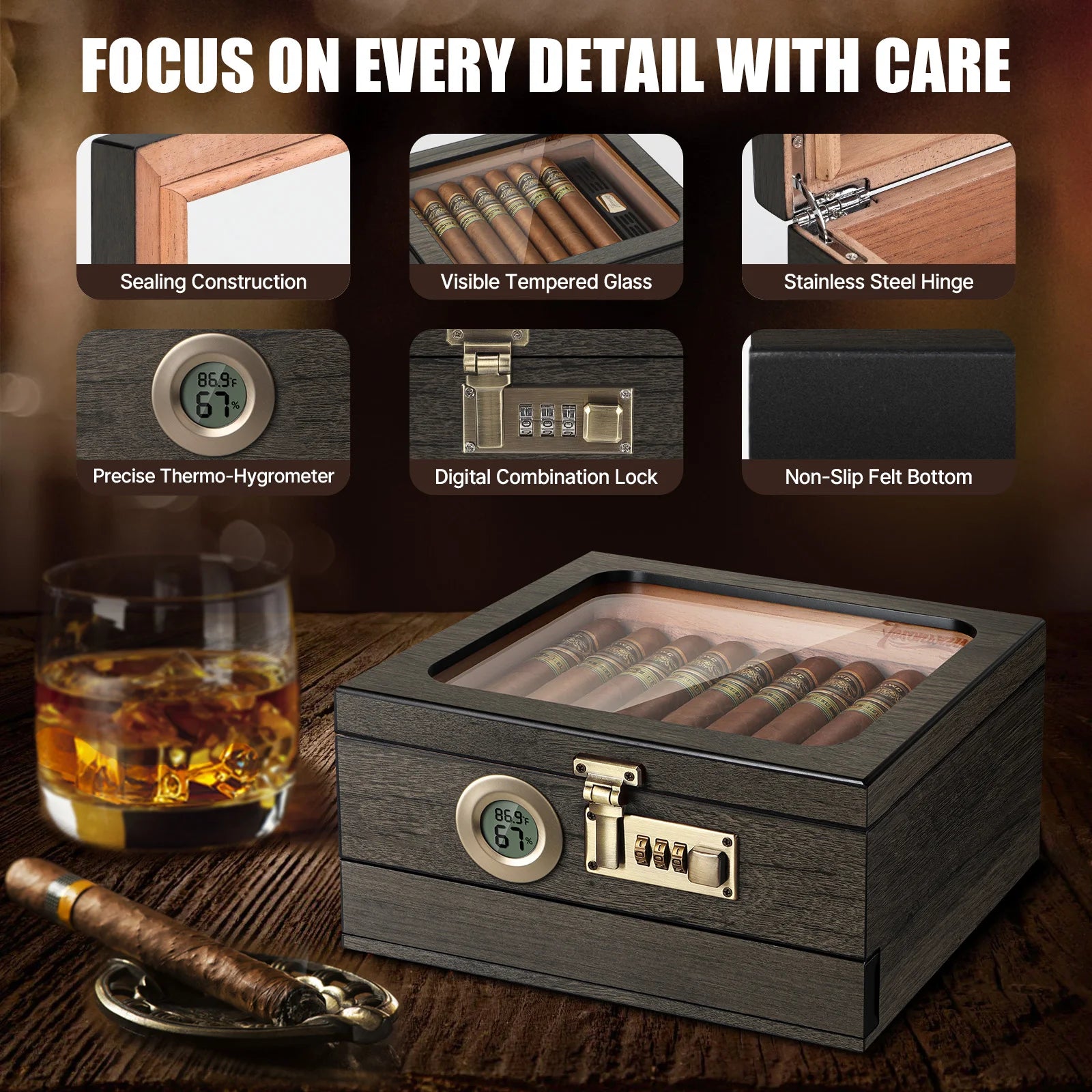 Humidor de charutos, caixa de mesa superior de vidro com termo-higrômetro digital, umidificador, divisor, gaveta de acessórios e fechadura de combinação