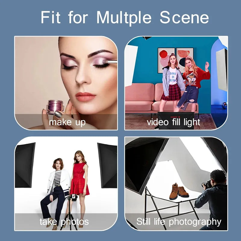 Black quadrilateral photography softbox lighting system with tripods for studio makeup, video, portrait, and still life.