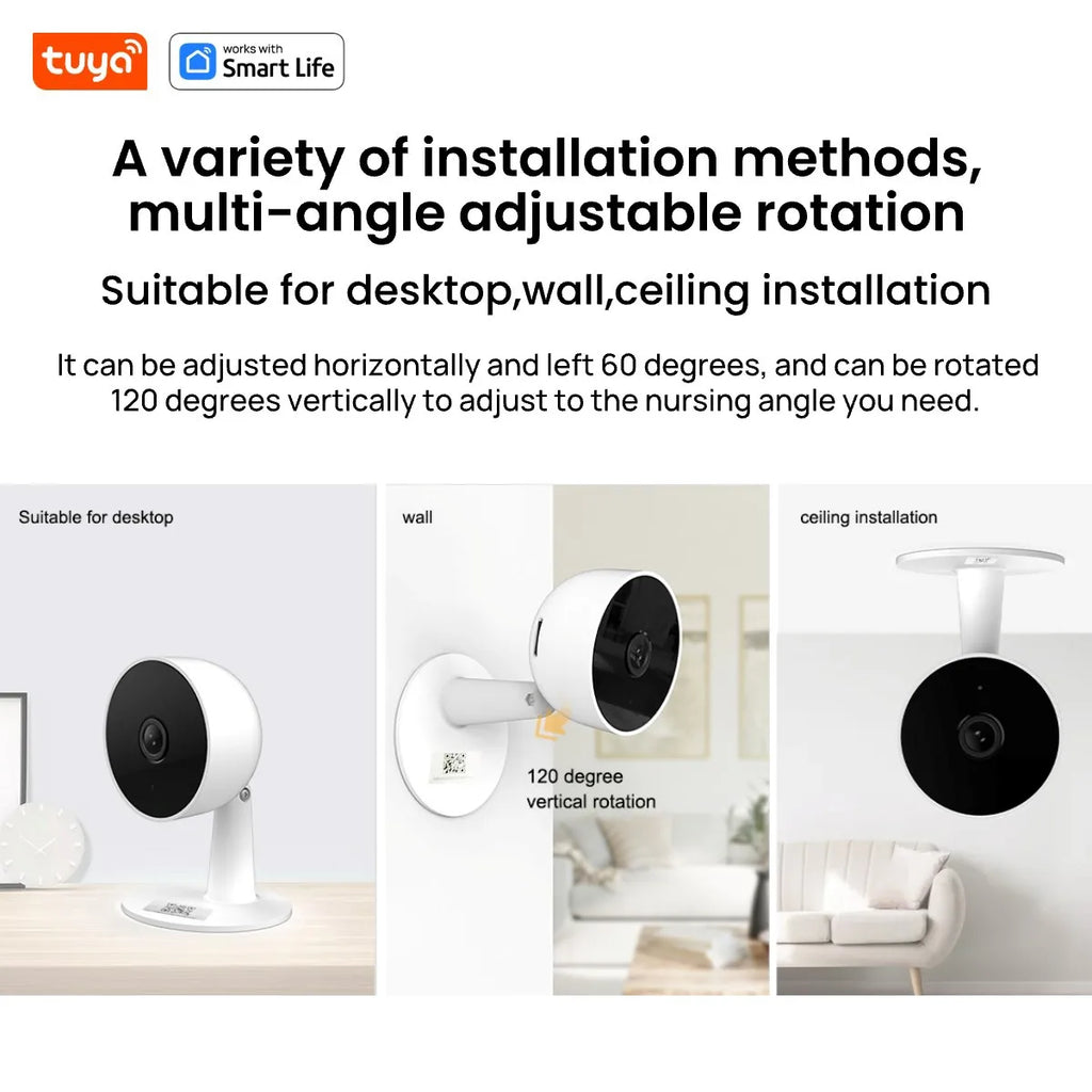 Tuya Smart 1080p Wi-Fi Câmera de segurança doméstica inteligente 2MP, HD, alertas de aplicativo em tempo real, áudio bidirecional, com rastreamento de movimento para bebês e animais de estimação