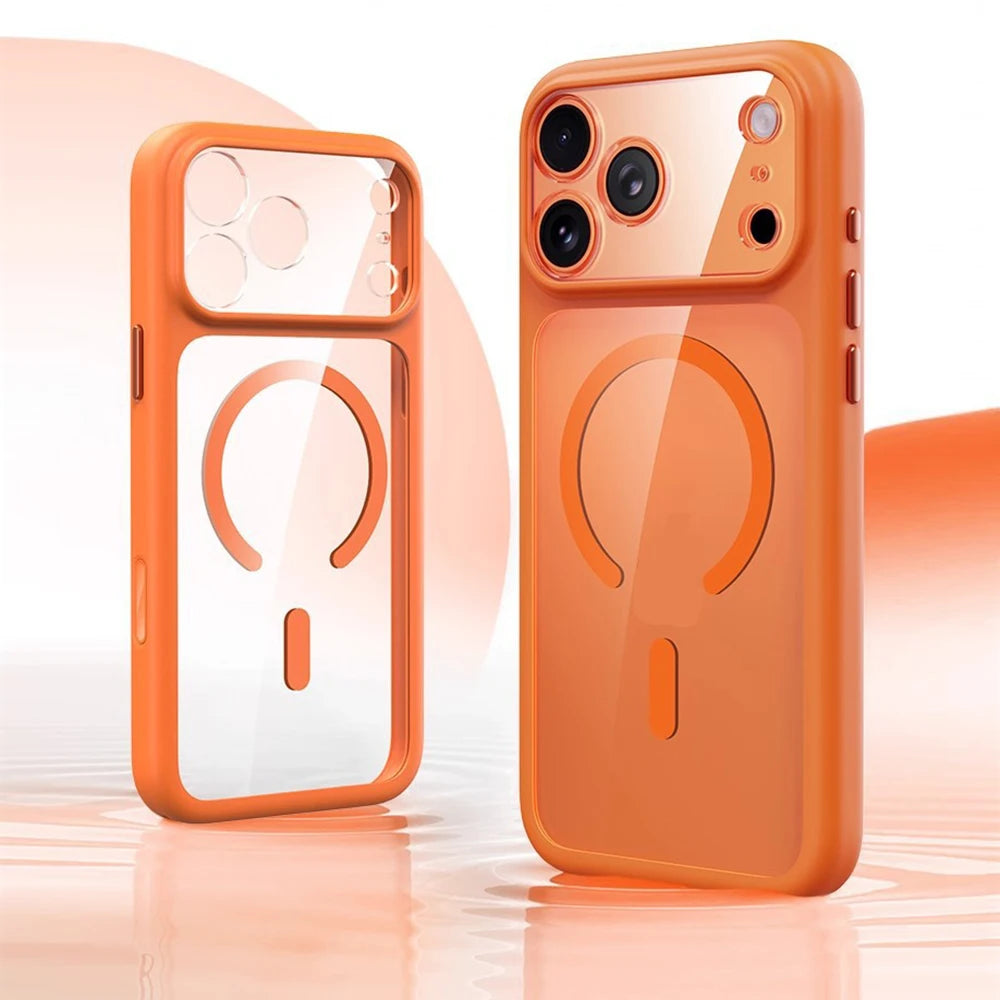 Negócios magnéticos simplicidade à prova de choque laranja pára-choques botão da câmera caso para iphone 17 pro max lente clara pc capa para magsafe