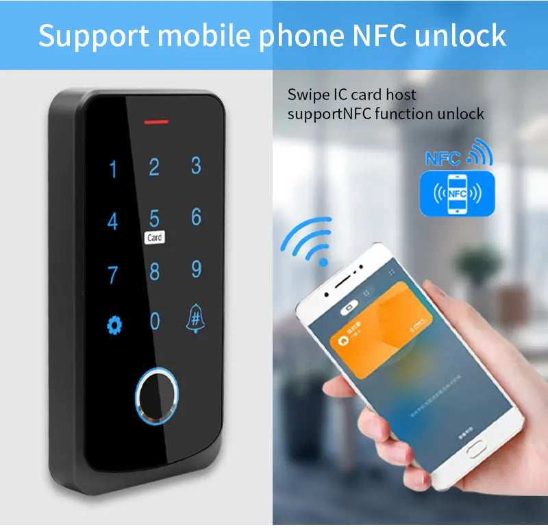 Waterproof NFC Bluetooth Tuya APP Controle De Acesso, Controle De Acesso De Impressão Digital Biométrico, Cartão RFID, Bloqueio Da Porta Do Teclado, 13.56Mhz