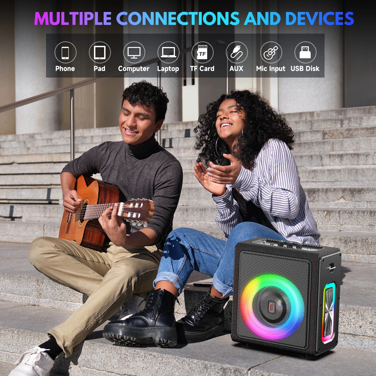 Máquina de karaokê portátil, alto-falante Bluetooth com microfones, sistema PA com 2 microfones de karaokê, luzes de discoteca para festas em casa