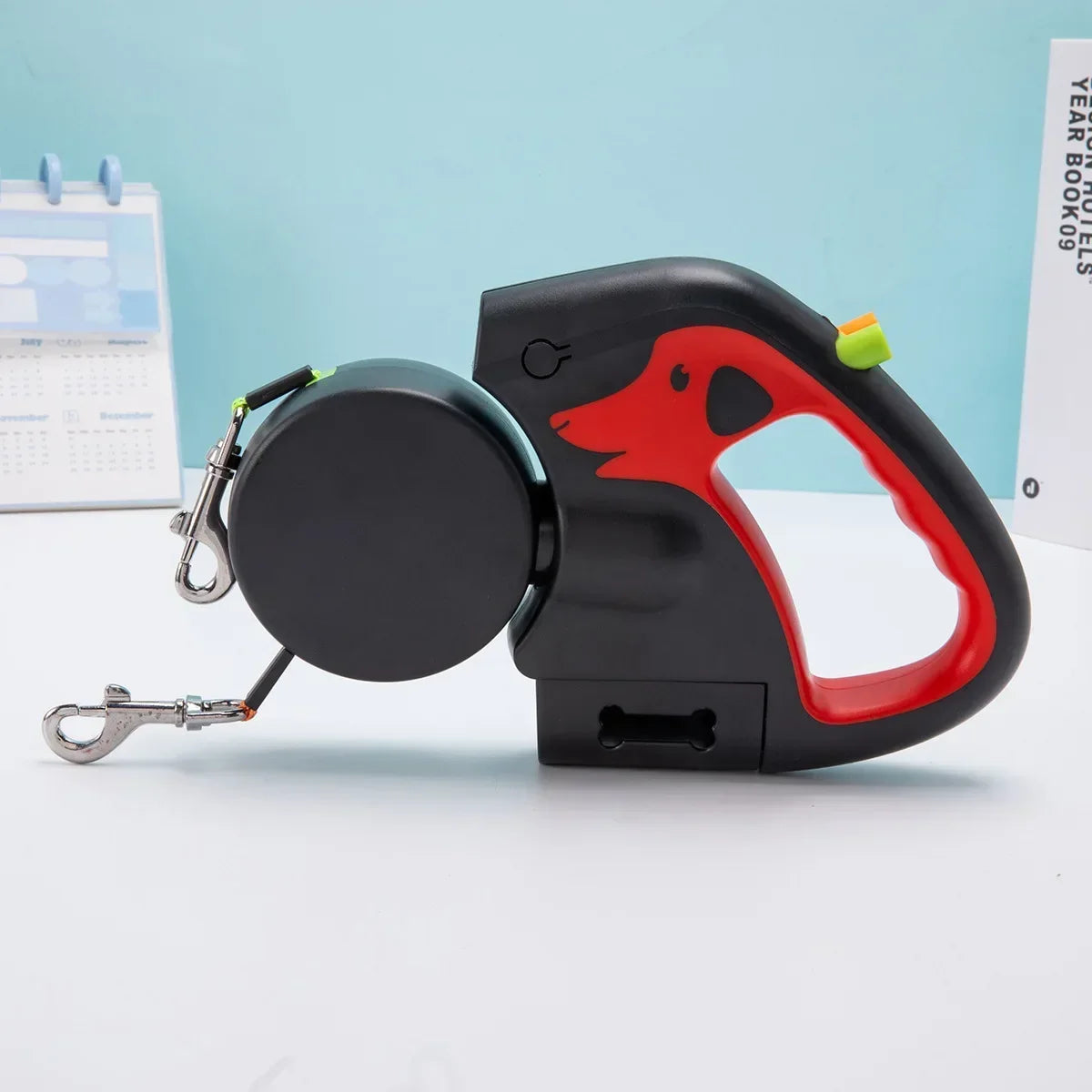 Trela rotativa de nylon para animais de estimação, 3m, para 2 cães, corda dupla ajustável, com lanterna, saco de cocô, caixa, corda de tração para animais de estimação, retrátil