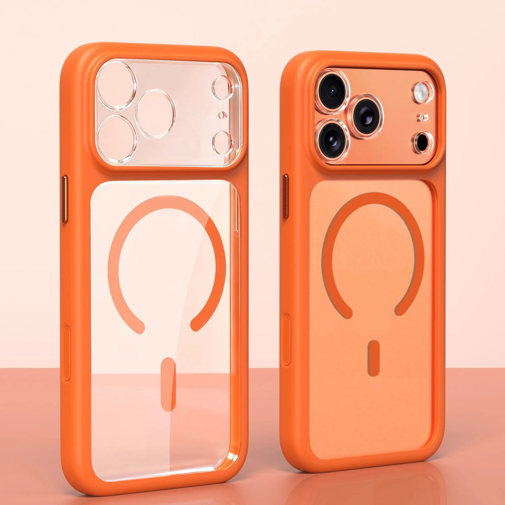 Negócios magnéticos simplicidade à prova de choque laranja pára-choques botão da câmera caso para iphone 17 pro max lente clara pc capa para magsafe